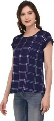 Casual Checkered Women Blue Top