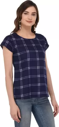 Casual Checkered Women Blue Top