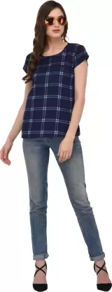 Casual Checkered Women Blue Top