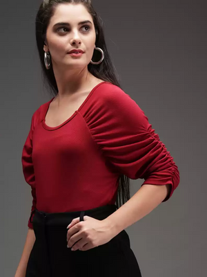 TANDUL  Casual Regular Sleeves Solid Women Maroon Top