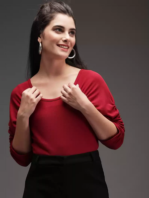 TANDUL  Casual Regular Sleeves Solid Women Maroon Top
