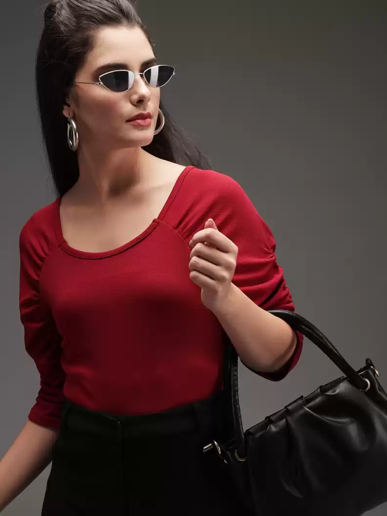 TANDUL  Casual Regular Sleeves Solid Women Maroon Top