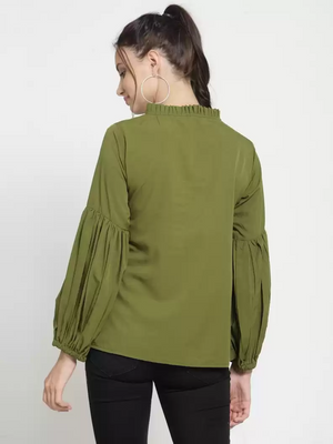 TANDUL  Casual Balloon Sleeve Solid Women Green Top