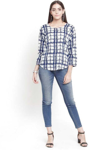 Casual Regular Sleeves Checkered Women White, Blue Top