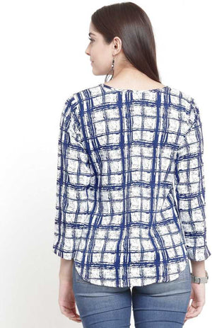 Casual Regular Sleeves Checkered Women White, Blue Top