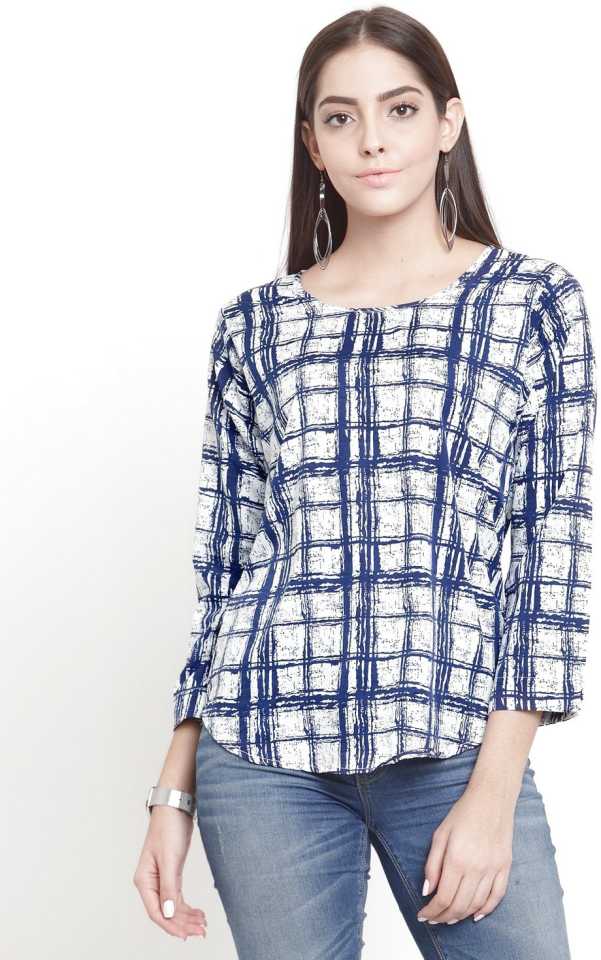 Casual Regular Sleeves Checkered Women White, Blue Top