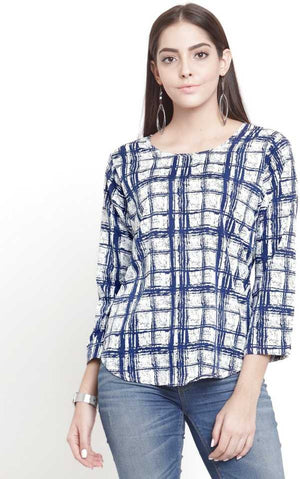 Casual Regular Sleeves Checkered Women White, Blue Top