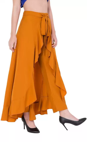 TANDUL  Flared Women Yellow Poly Crepe Trousers