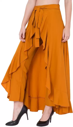 TANDUL  Flared Women Yellow Poly Crepe Trousers