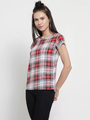 TANDUL  Casual Cap Sleeves Checkered Women Multicolor Top