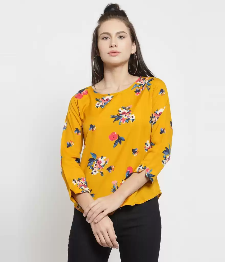 TANDUL  Casual Regular Sleeves Floral Print Women Yellow Top