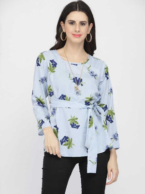Casual Regular Sleeves Printed Women Light Blue Top
