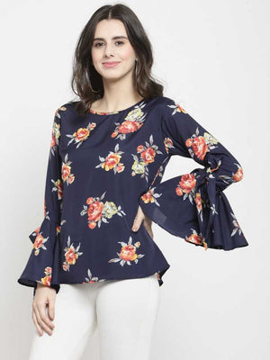 Casual Bell Sleeves Printed Women Blue Top