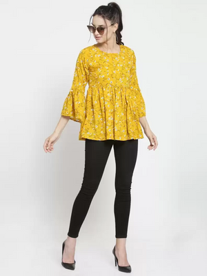 ZARVEY  Casual Bell Sleeves Printed Women Yellow Top