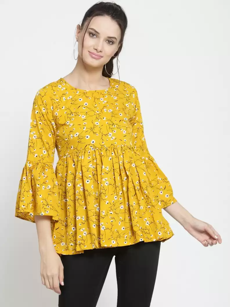ZARVEY  Casual Bell Sleeves Printed Women Yellow Top