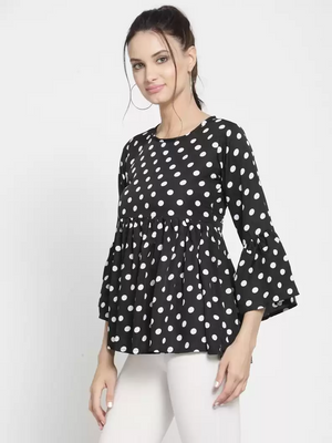 ZARVEY  Casual Bell Sleeves Printed Women White, Black Top