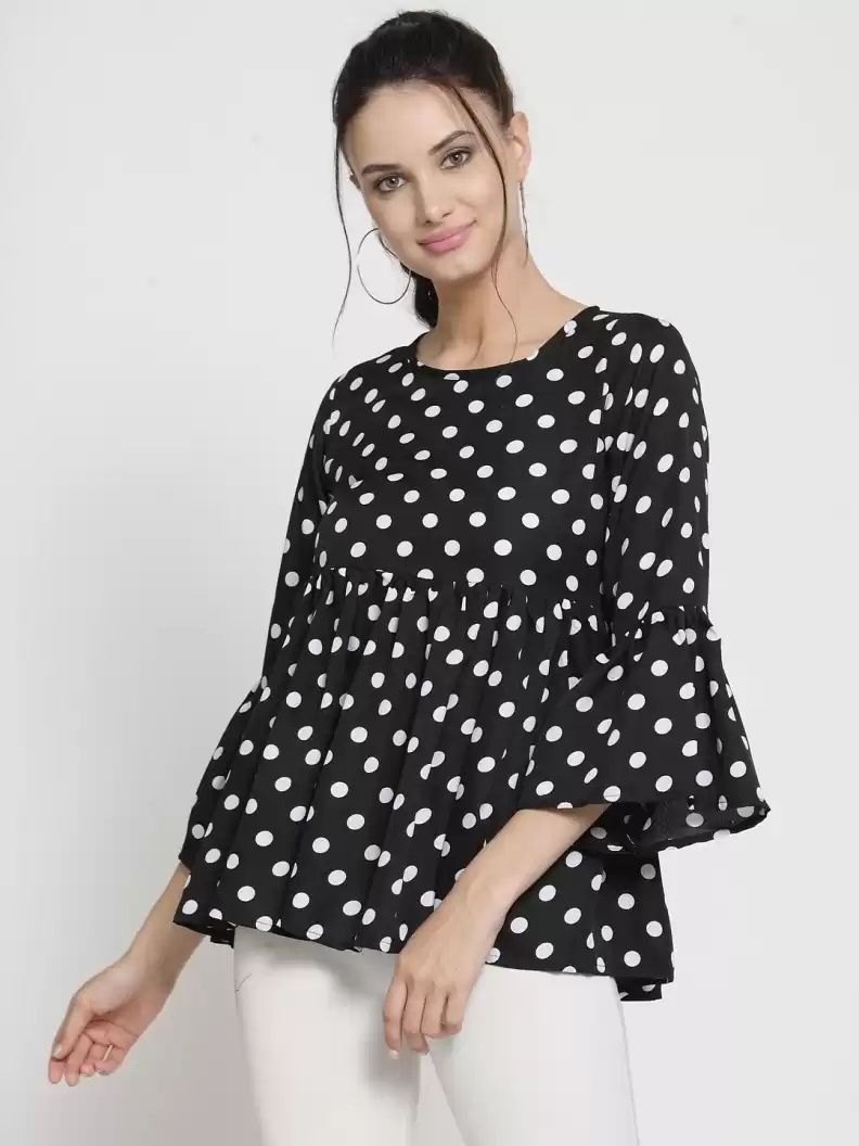 ZARVEY  Casual Bell Sleeves Printed Women White, Black Top