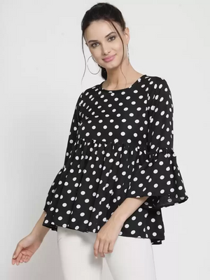 ZARVEY  Casual Bell Sleeves Printed Women White, Black Top