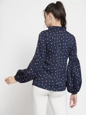 Casual Puff Sleeves Printed Women Blue Top