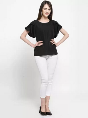 TANDUL  Casual Petal Sleeves Solid Women Black Top