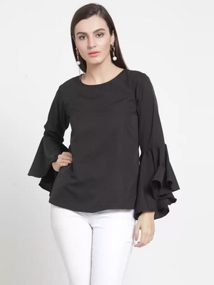 TANDUL  Party Bell Sleeves Solid Women Black Top