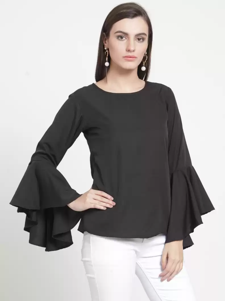 TANDUL  Party Bell Sleeves Solid Women Black Top