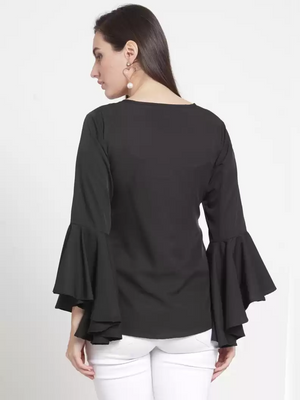 TANDUL  Party Bell Sleeves Solid Women Black Top