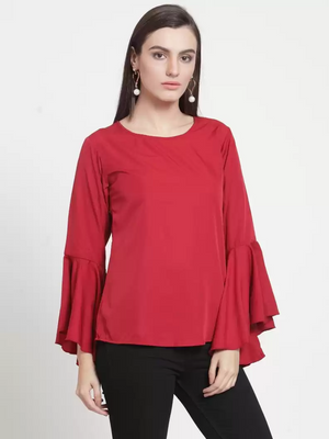TANDUL  Party Bell Sleeves Solid Women Maroon Top