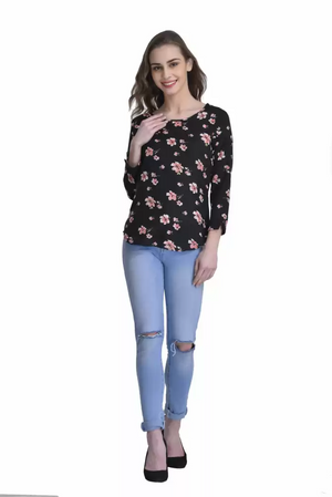 TANDUL  Casual Slit Sleeves Floral Print Women Black Top
