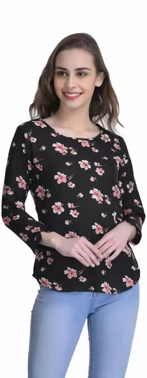 TANDUL  Casual Slit Sleeves Floral Print Women Black Top
